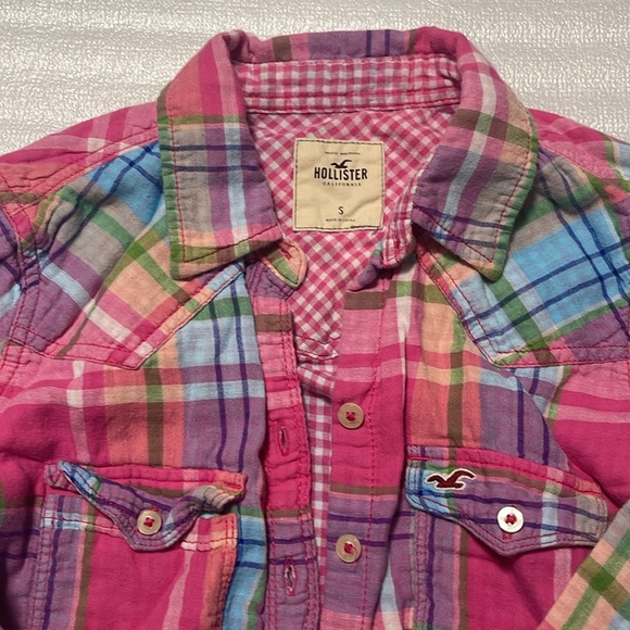 Hollister Button Down Pink Plaid Long Sleeves Juniors Size Small - Picture 5 of 10